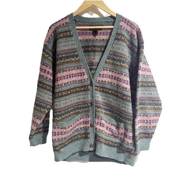 Eddie Bauer Womens Large Wool Knit Fair Isle Cardigan Sweater Rainbow Vtg 90s - Picture 1 of 4